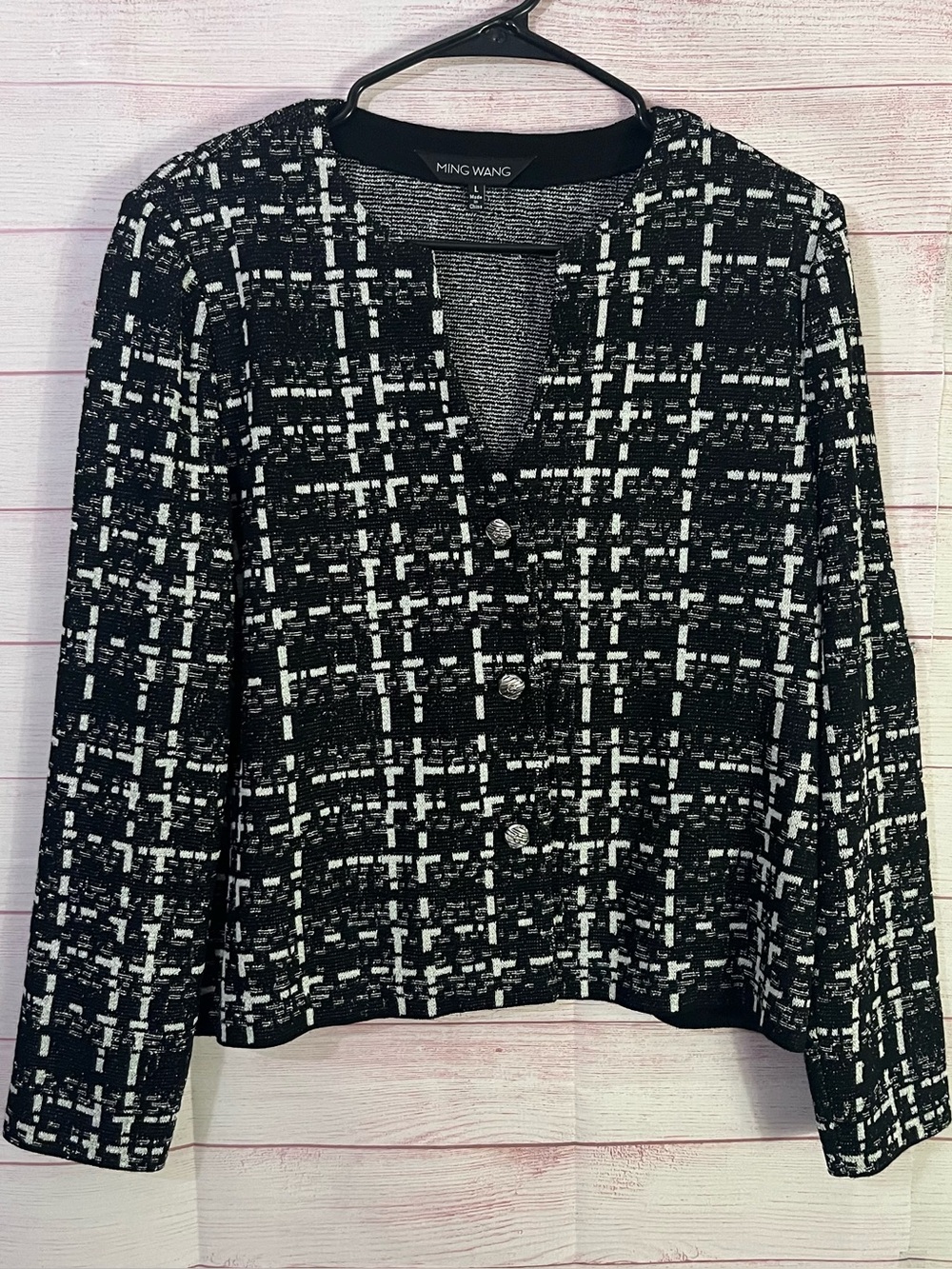 Ming Wang Black White Silver Speck Front Button Closure Cardigan Sweater Large
